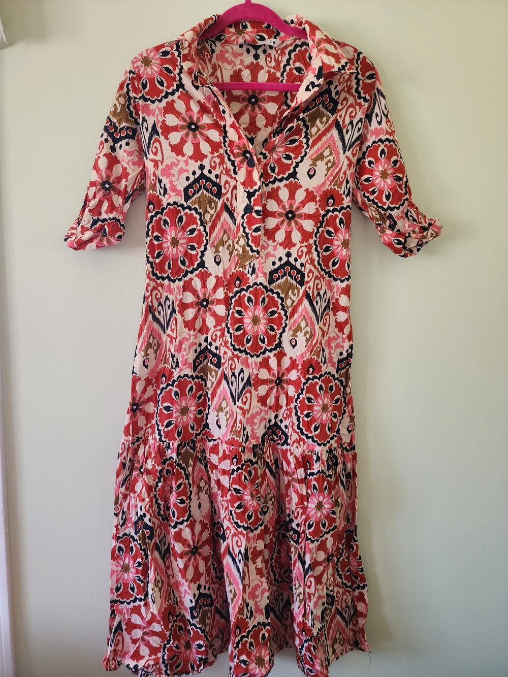 Zara Coral Pink Black Floral Print Button-Front Midi Dress